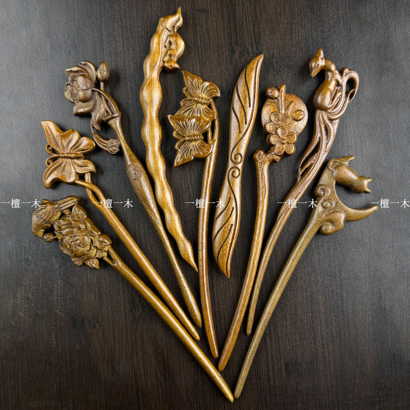 Kẹp Tóc Hình Chữ U và Phụ Kiện Đội Đầu Hanfu từ Gỗ Đàn Hương, Phong Cách Trung Hoa