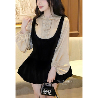 Set Áo Sơmi Đũi Cổ Sen Tay Phồng Mix Yếm Nhung Dáng Bí Hàng 2 Lớp, Set váy dầm tiểu thư