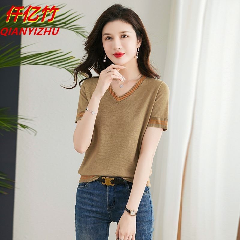 Áo thun ngắn tay dệt kim mỏng phong cách mới mùa hè, thiết kế cổ chữ V và dáng rộng giúp tôn dáng, phù hợp với phụ nữ trẻ
