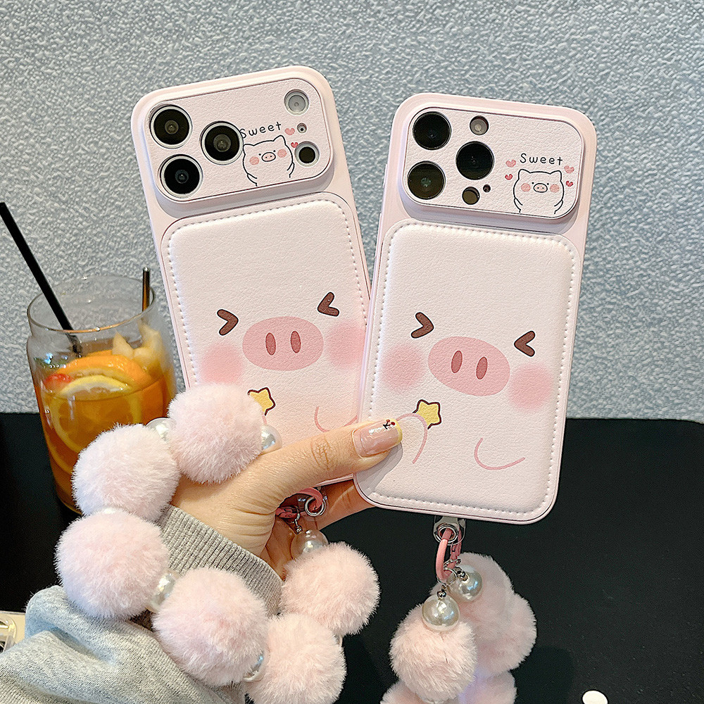 Sweet Pig Chain Bulge Leather Windows Phone Case cho iPhone 17 Pro Max 16 15 14 13 Vỏ bảo vệ chống sốc