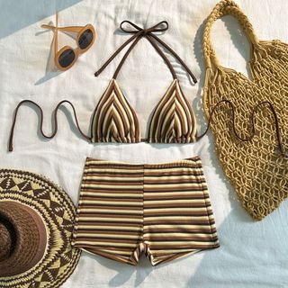 Đồ bơi nữ hai mảnh sọc nâu vàng, bikini dây quần ngắn