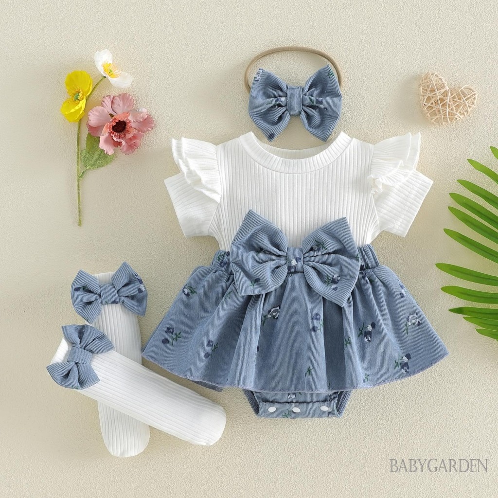 Bộ trang phục mùa hè cho bé gái Váy ngắn tay áo liền quần + Tất dài + Bộ băng đô Quần áo sơ sinh