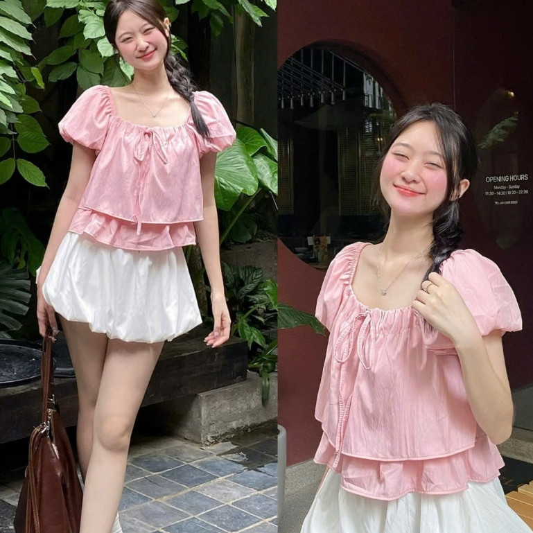 Áo Vai Chun Tay Bồng 2 Tầng Nơ Cổ Dáng Lửng A3090 Bigsize