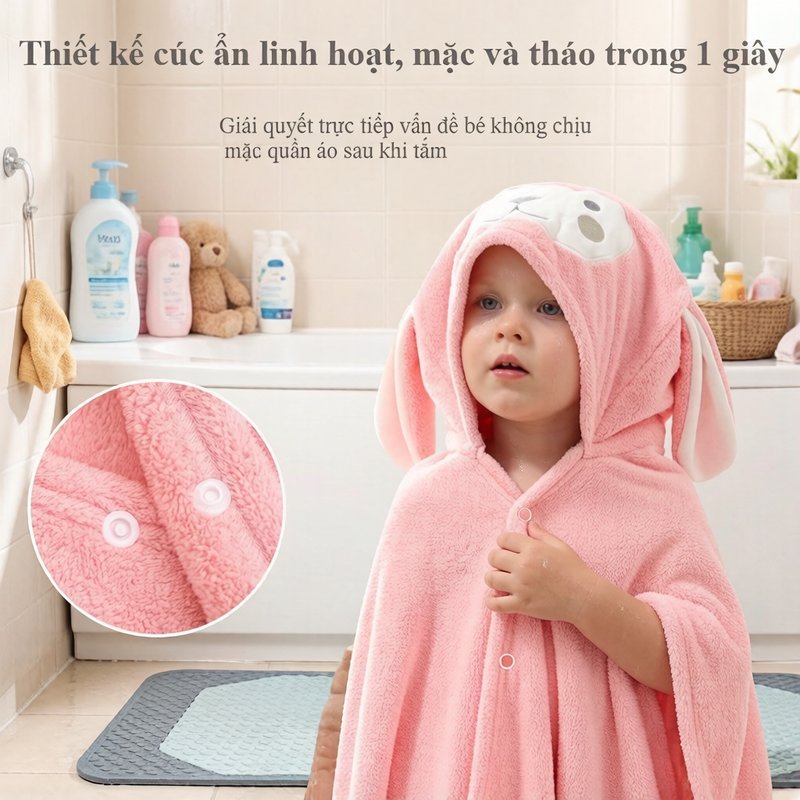 Khăn choàng tắm trẻ có mũ nhung san hô mềm mại thân thiện da lau khô nhanh dễ mặc tháo thoáng khí