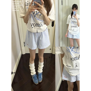 Quần short nữ cạo cao sọc dáng suông rộng mùa hè đi biển thể thao thời trang