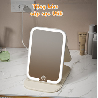 Gương LED 3 Chế Độ Sáng Đèn Cảm Ứng MAISON, Gương Trang Điểm Để Bàn Kèm Dây Sạc Họa Tiết Dễ Thương