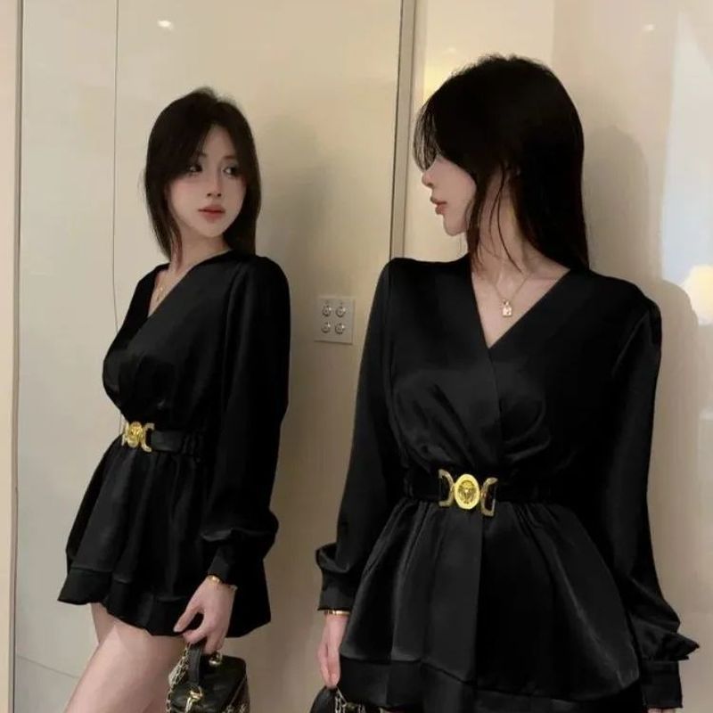 Pháp Cao Cấp Tay Phồng Tính Khí Áo Sơ Mi Thiết Kế Cổ Chữ V Phối Ren Satin Dài Tay Áo Sơ Mi Nữ Hợp Thời Trang