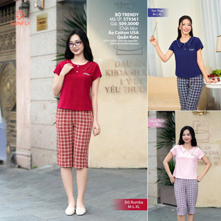 Đồ bộ mặc nhà nữ cộc tay quần ngố kate kẻ caro áo cotton USA  co dãn thoải mái SUNFLY ST9361