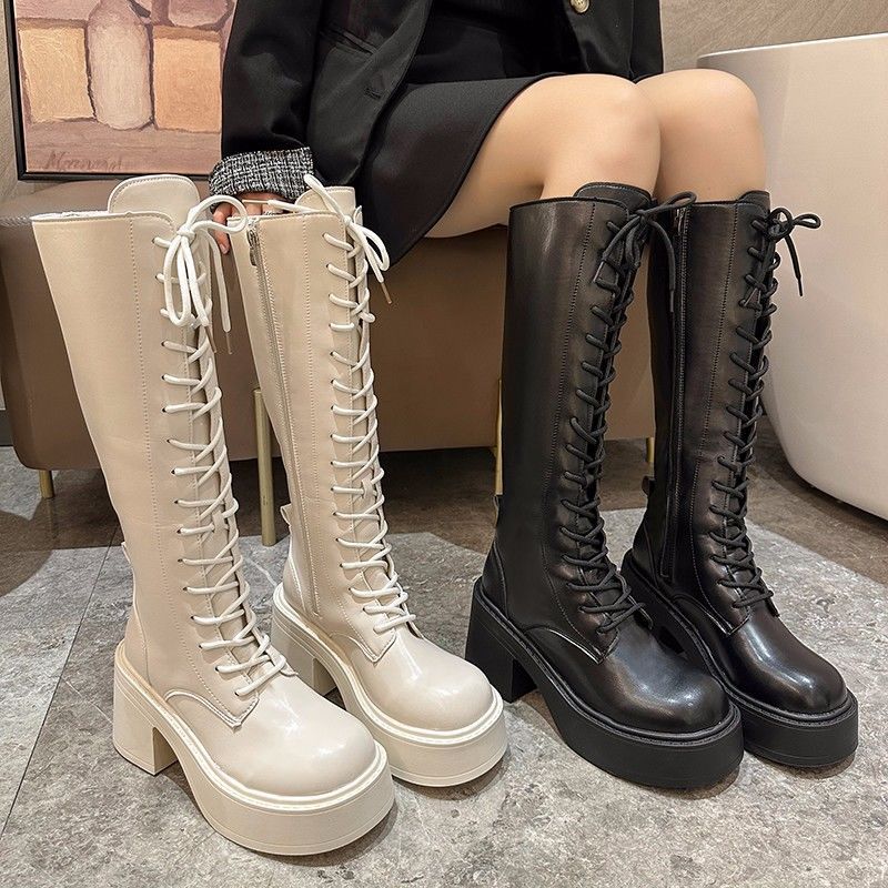 Fat MM Giày Bốt Dày Nữ Thu Đông Phong Cách Mới Đế Dày Phối Ren Giày Bốt Co Giãn Retro Hiệp Sĩ Giày Bốt Đen