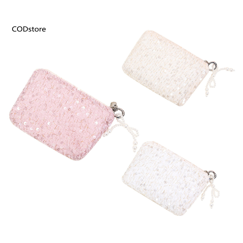 KDCOD * Túi đựng mỹ phẩm lót Polyester đính cườm sành điệu cho nữ, ly hợp lấp lánh, dây kéo, ngọc trai giả, di động du lịch, túi vệ sinh cho bé gái