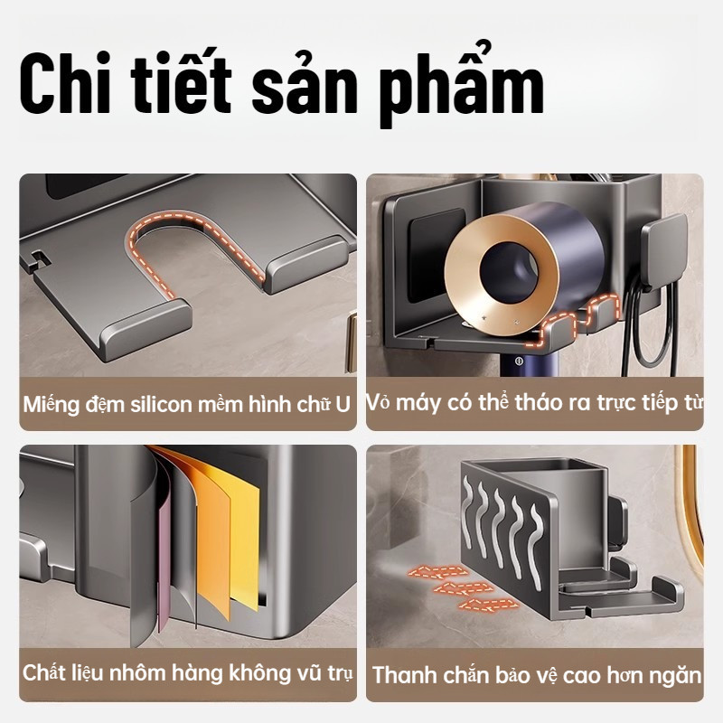 Giá Kệ để Máy Sấy Tóc Nhà Tắm, Nhôm Không Gian Cao Cấp, Chống Gỉ, Chịu Tải Tốt, Có Kệ để đồ