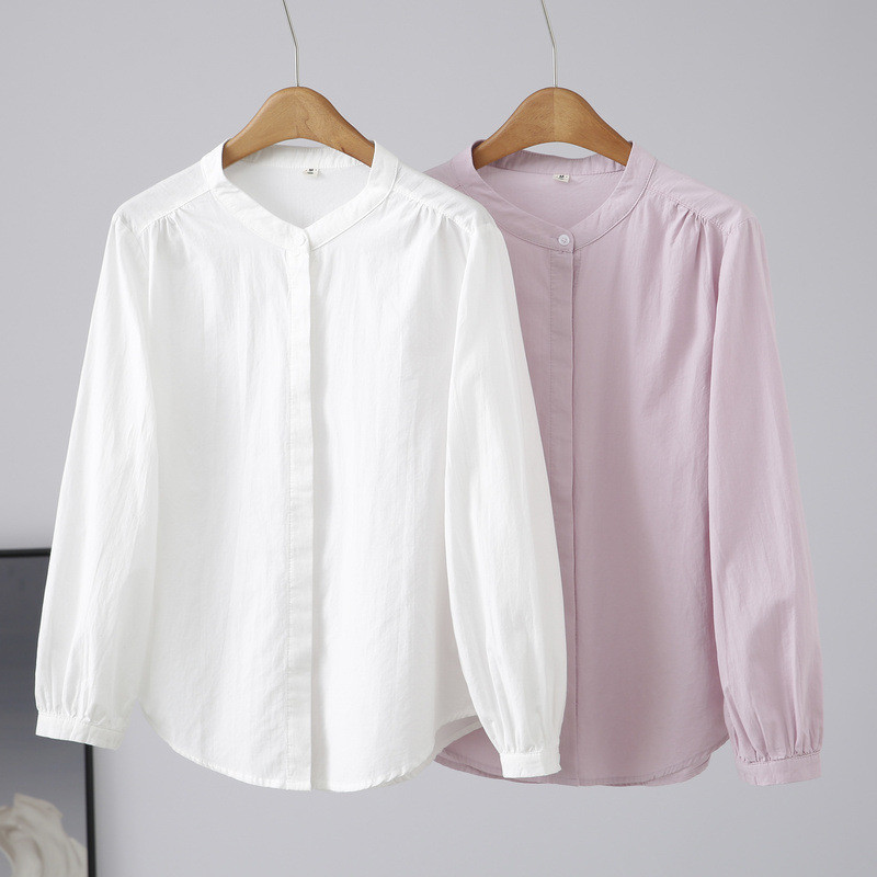 Áo sơ mi nữ trắng trơn cotton, cổ tròn, dễ giặt, phù hợp mùa xuân