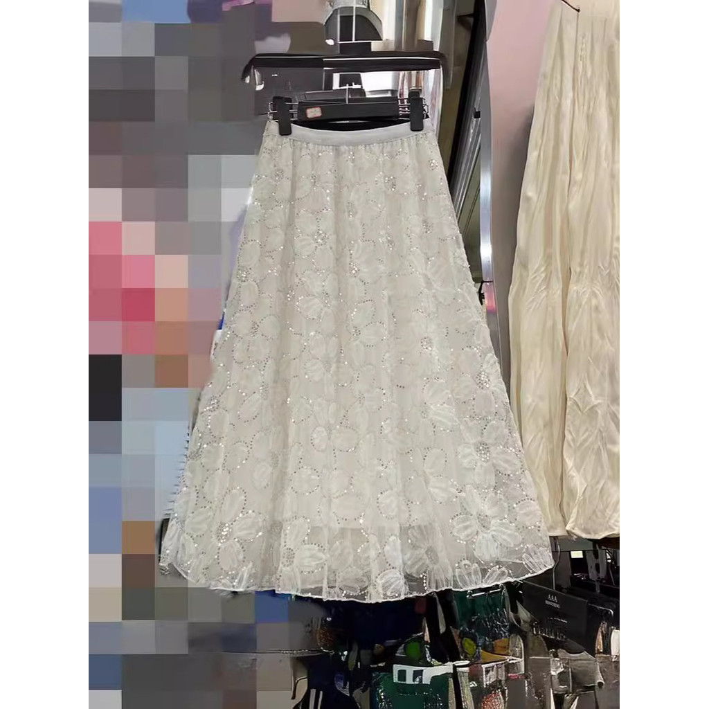 Váy voan đính sequin mùa thu/đông mới, kiểu Pháp ngọt ngào, ren hoa, lưới, dáng xòe