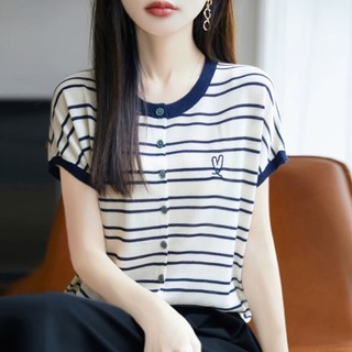 Áo len cổ tròn tay ngắn nữ, thiết kế sọc đơn giản, thời trang mùa hè