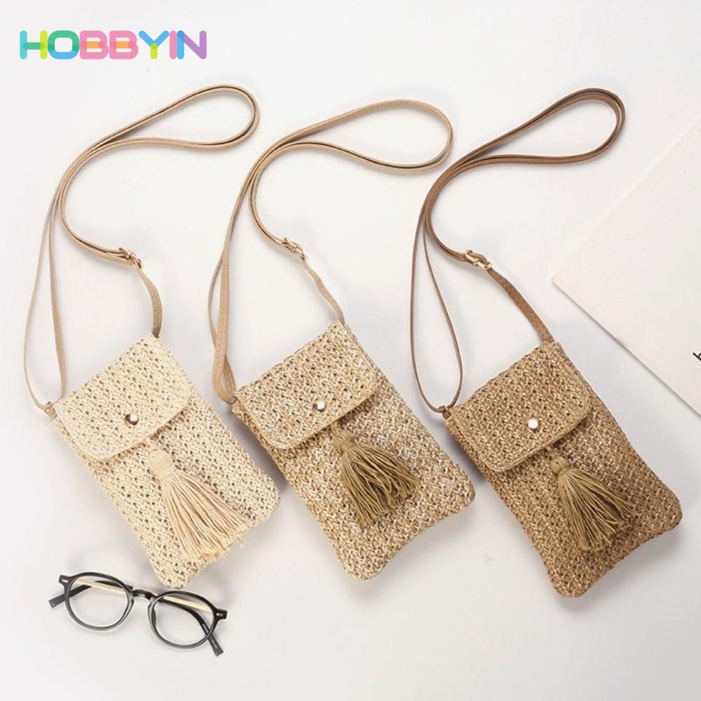 Túi đeo chéo HOBBYIN, Túi điện thoại di động phong cách Kaki Boho màu be, Túi vuông nhỏ cỡ nhỏ Ví dệt tay cho nữ Cô gái