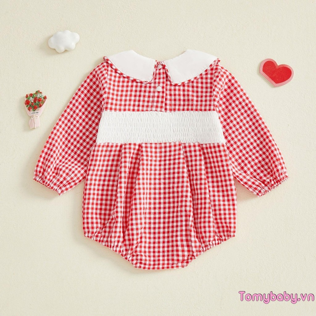 Bé Gái Ngày Lễ Tình Nhân Áo Liền Quần Kẻ Sọc In Hình Búp Bê Dài Tay Cổ Bong Bóng Jumpsuit