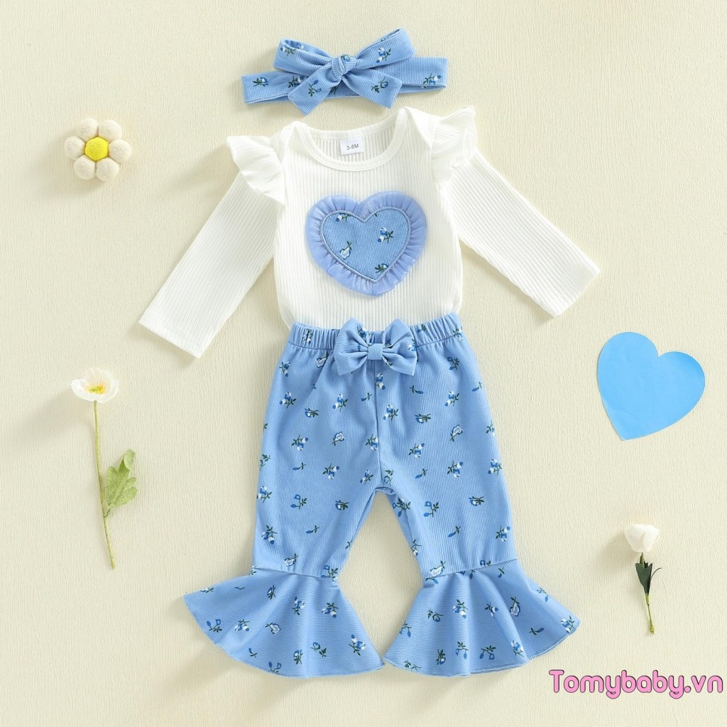 Bộ trang phục mùa thu cho bé gái Áo liền quần dài tay hình trái tim + Quần loe họa tiết hoa + Băng đô nơ Bộ 3 chiếc