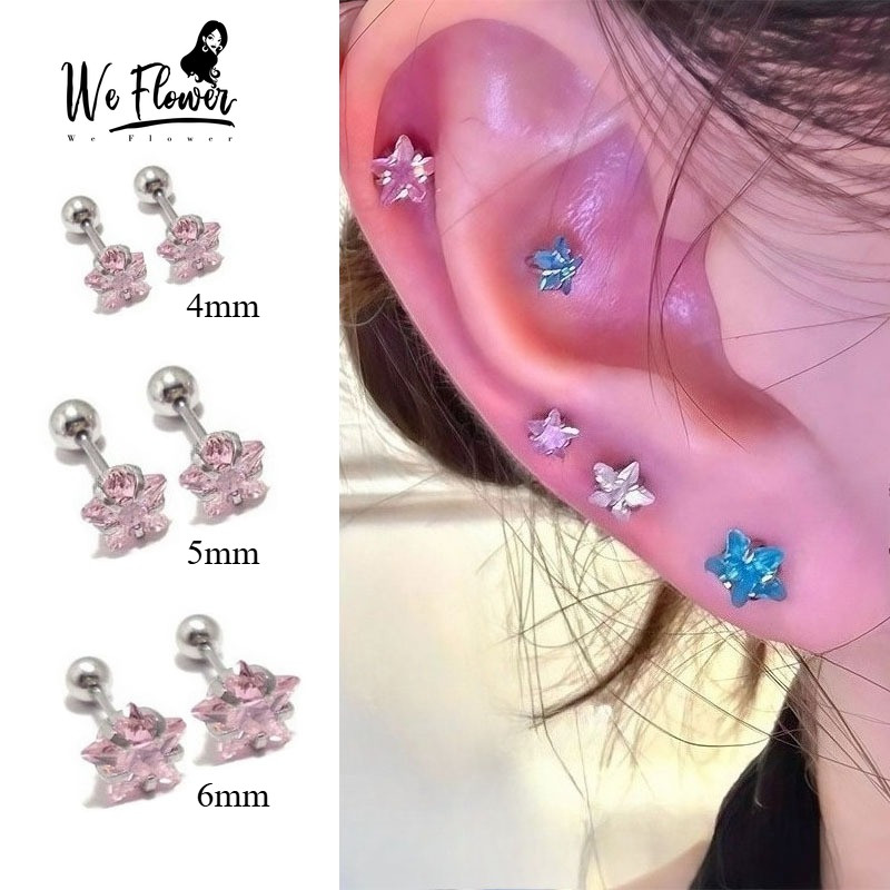 WeFlower Bông tai bạc s925 với pha lê màu hồng hình ngôi sao, thiết kế tinh tế và lấp lánh