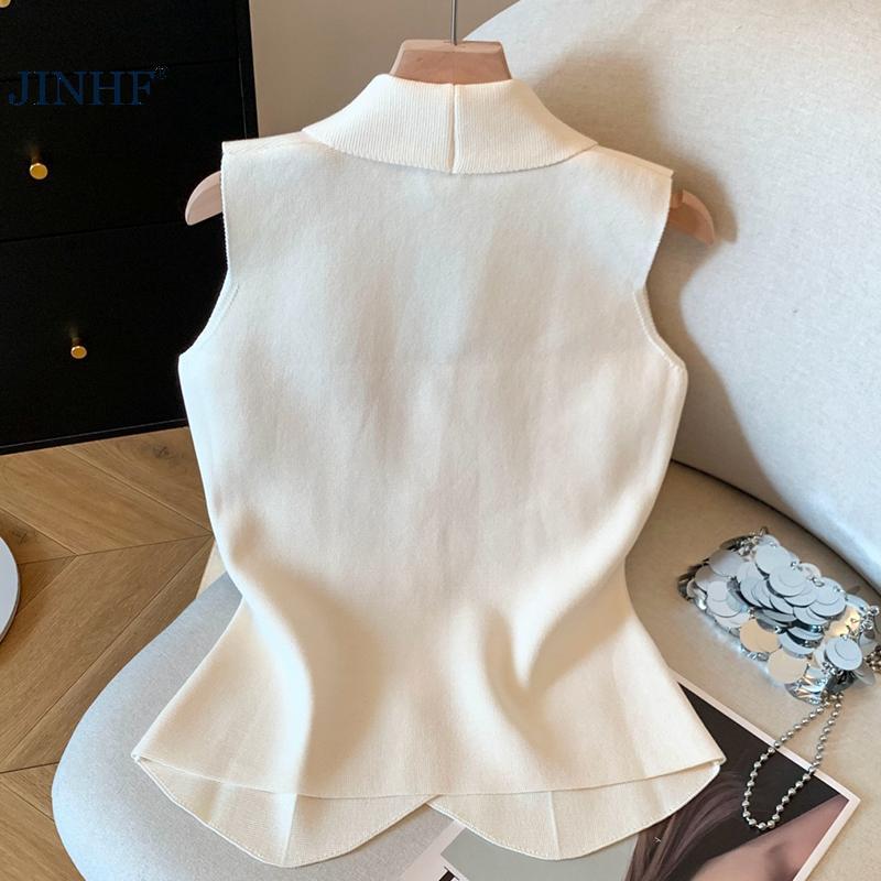 JINHF Nữ Trơn Ve Áo Không Tay Nút V-ne Sang Trọng Thường Ngày Phù Hợp Với Áo Mùa Hè HOT