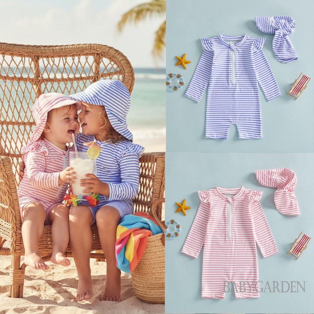 Trẻ mới biết đi Bé gái Rash Guard Đồ bơi Playsuit dài tay cổ tròn sọc Bộ đồ tắm trẻ em có mũ bơi