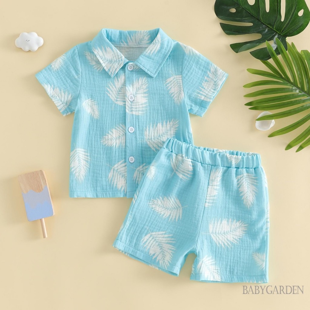 6M-4Y Tập Đi Bé Trai Trang Phục Mùa Hè Khủng Long / Lá / Cây Dừa In Nút Xuống Cổ Áo Sơ Mi Tay Ngắn Và Quần Short