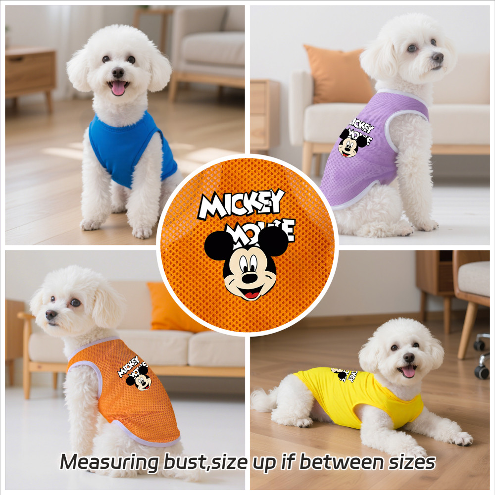 Áo vest thú cưng cỡ S-2XL, in hình chuột Mickey, có nhiều màu sắc và thoáng khí cho mùa hè, thích hợp cho cả sử dụng trong nhà và ngoài trời, và phù hợp với tất cả chó mèo nhỏ.