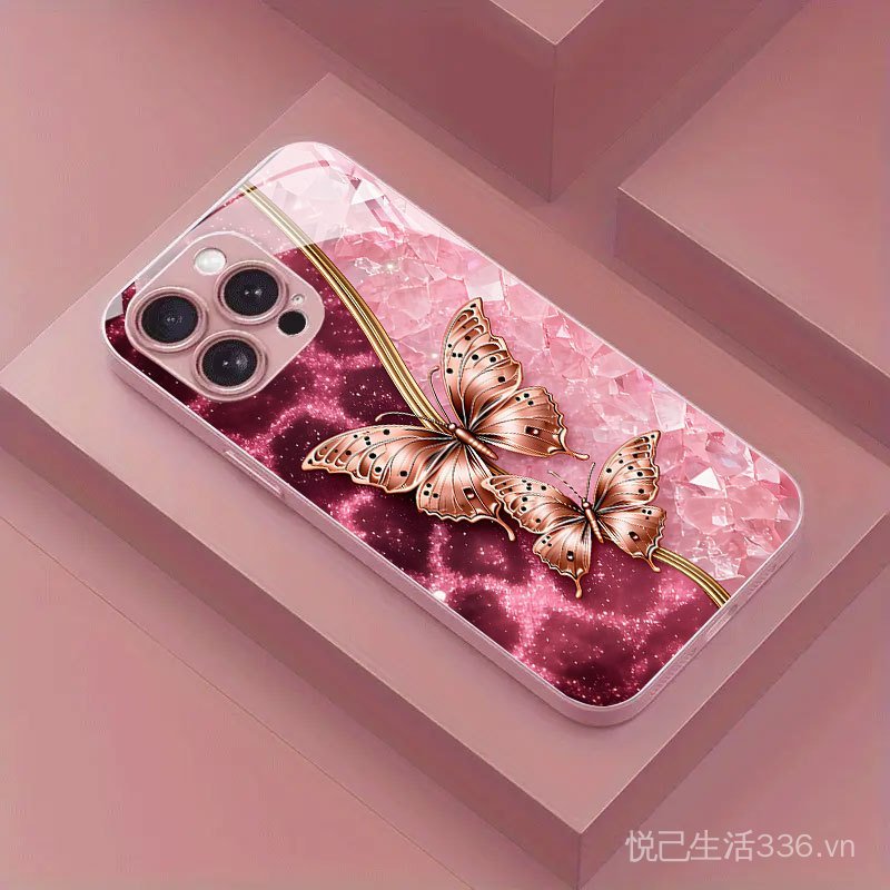 Bướm màu hồng mạ vàng Thích hợp cho vỏ điện thoại 17pro iPhone16PLUS / 14promax Vỏ kính Xs