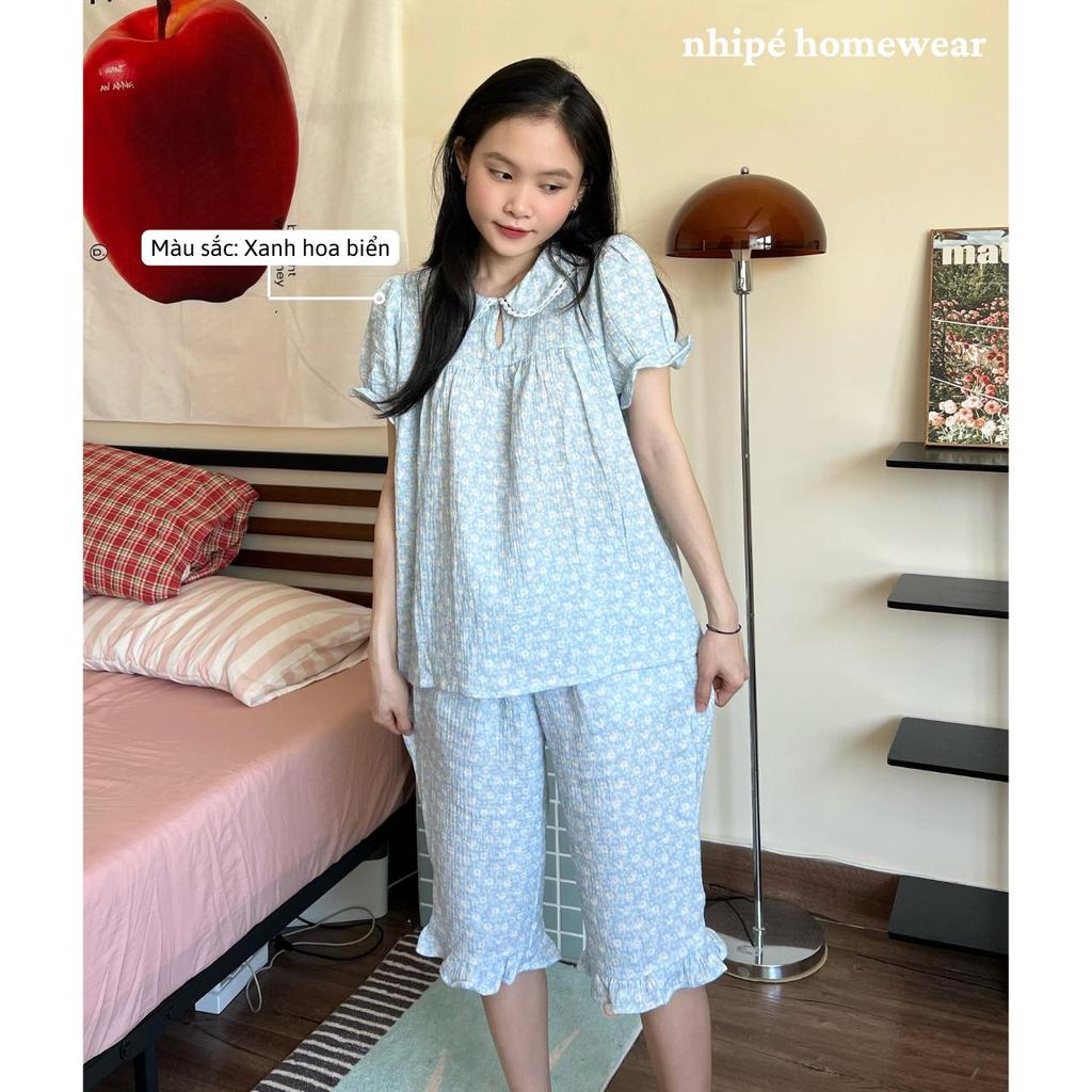 Bộ đồ xô tay bồng quần lửng cổ sen Nhipé homewear nữ set đồ ngủ mặc nhà chất liệu cao cấp mềm mịn thoáng mát