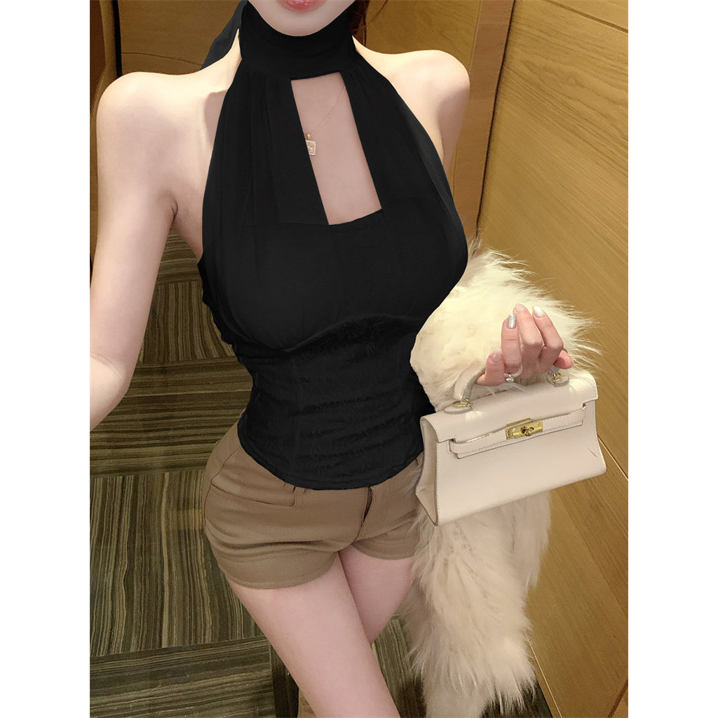 Influencer Nơ Dây Áo Vest Sling Ren Xương Cá
