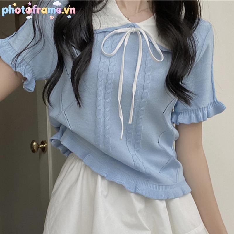 Áo Thun Nữ Mùa Hè Phong Cách Hàn Quốc, Cổ Búp Bê, Tay Ngắn, Nơ Xinh