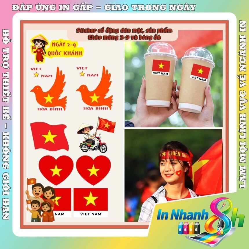 Sticker Tem Dán Mặt Cổ Động hình lá cờ Việt Nam. bóng đá , Hòa Nhịp Yêu Nước chào mừng ngày lễ giải phóng 30/4 2/9