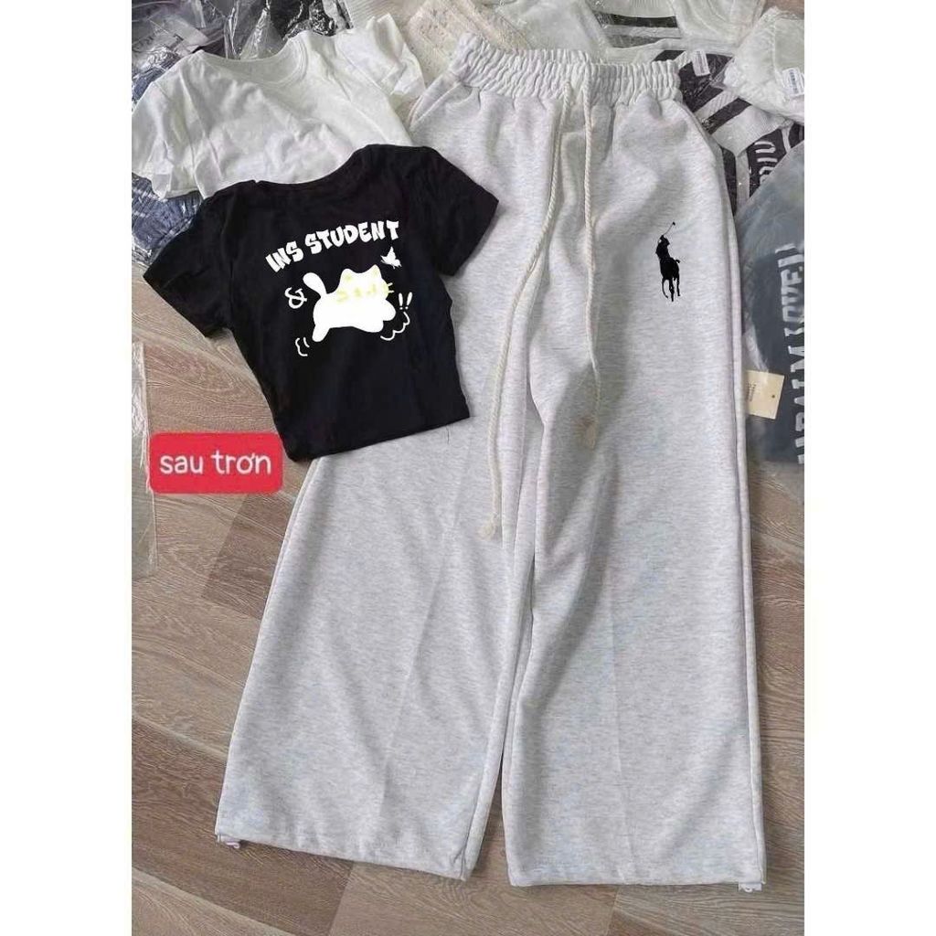 Sét quần ống rộng da cá dài THÊU NGỰA  xám tiêu + phối áo thun CROPTOP ngắn tăm hàn Quốc nơ dễ thương