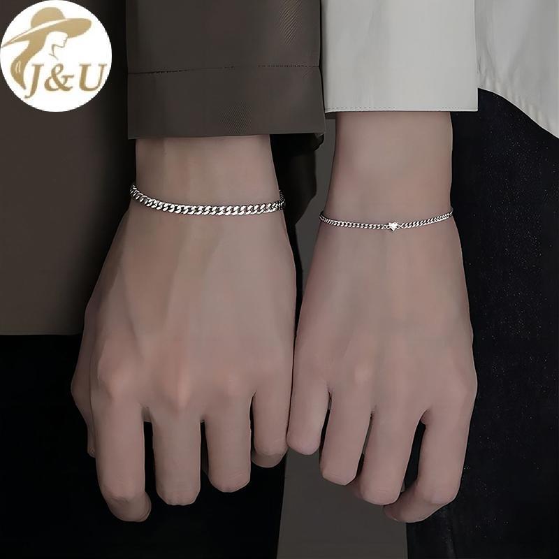Bộ vòng tay inox thời trang đơn giản cho cặp đôi, pha lê hình trái tim bạc dây xích - Quà tặng tình yêu