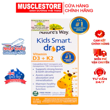 Siro Vitamin D3 K2 Cho Bé Nature's Way Kids Smart Drops Vitamin D3 K2 (11ML), Thành Phần Từ Hoa Hướng Dương Organic