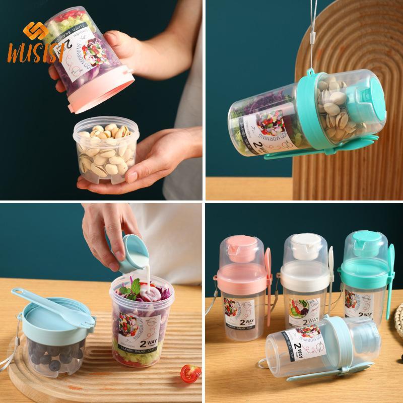 [WUSISI] Cốc Salad sữa chua yến mạch trái cây ăn sáng có nắp và thìa Hộp đựng thực phẩm hai lớp Hộp Bento Thể dục Bát côn giảm béo MỚI