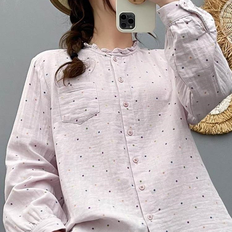 Áo sơ mi nữ 100% sợi cotton cao cấp, họa tiết chấm bi, thời trang hàng ngày