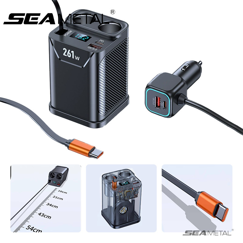 SEAMETAL 7 trong 1 261W Bộ sạc xe hơi PD Ổ cắm USB Bộ chia đèn thuốc lá Sạc nhanh với Vôn kế LED Ổ cắm DC 24V / 12V