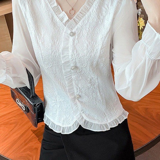 Áo sơ mi nữ tay dài, kiểu Pháp mới xuân hè với cổ áo jacquard, thiết kế thời trang, áo tay chuông bằng vải voan