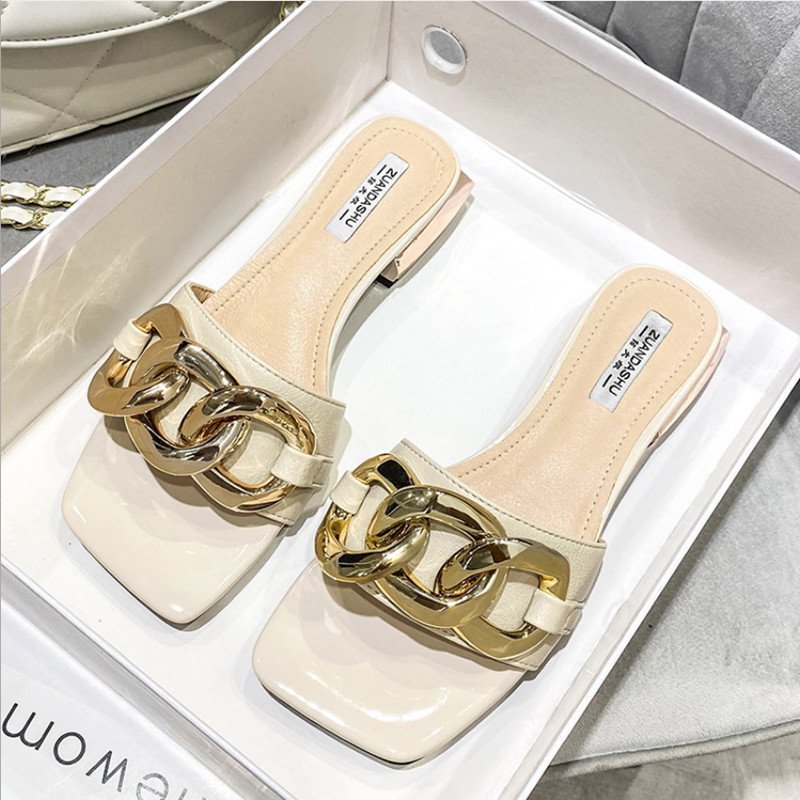 2 Màu Size Lớn 30-46 Dép Gót Dày Nữ Dây Xích Trang Trí Mũi Vuông Giày Sandal Giữa Gót Dép Xuân Hè Mặc Ngoài Thời Trang Phù Hợp Với 32E3