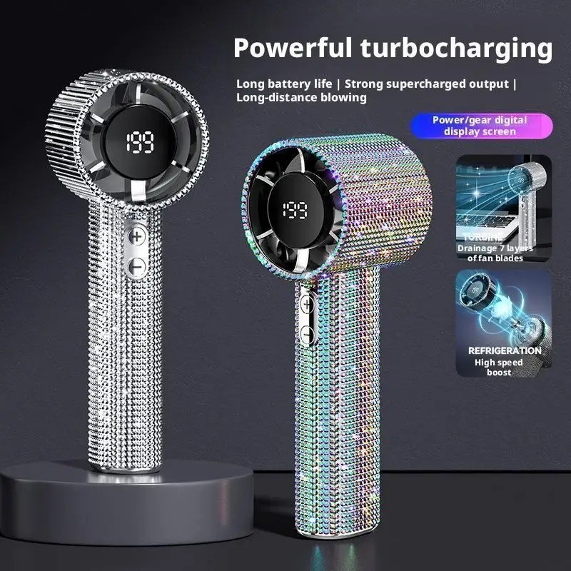 1 Chiếc Kim Cương Sang Trọng Cầm Tay Mini Quạt 199-Gears Có Thể Điều Chỉnh Di Động Cầm Tay Turbo Quạt Hiển Thị Kỹ Thuật Số Ngoài Trời Quạt Điện