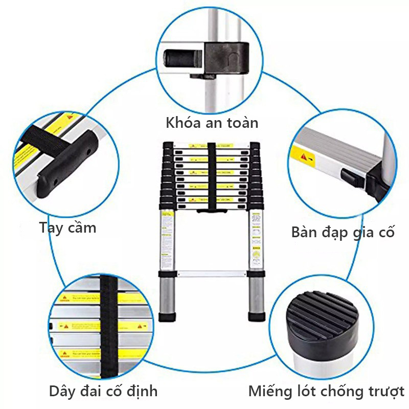 Thang Nhôm Rút Inox bền bỉ, chịu lực tốt Có thể chọn các kích thước 1.9m, 2.7m, 3.9m, 5.1m, 6m