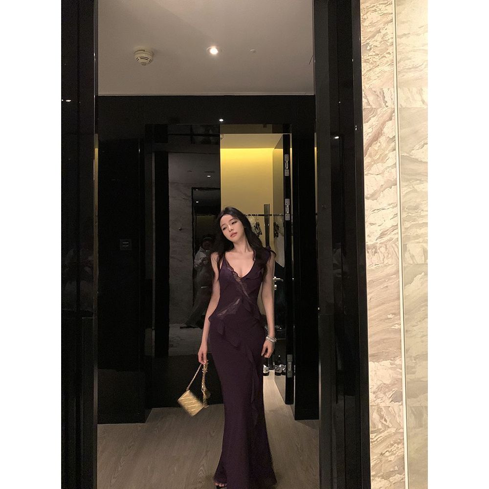 Váy ren màu vàng dáng đuôi cá cho nữ, thiết kế eo hẹp phù hợp mùa hè