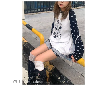 Milyfashion Rời Kích Thước Lớn Thường Ngày Lười Tương Phản Màu Khâu Retro Top Ngôi Sao In Cổ Tròn Tay Dài T Y2K