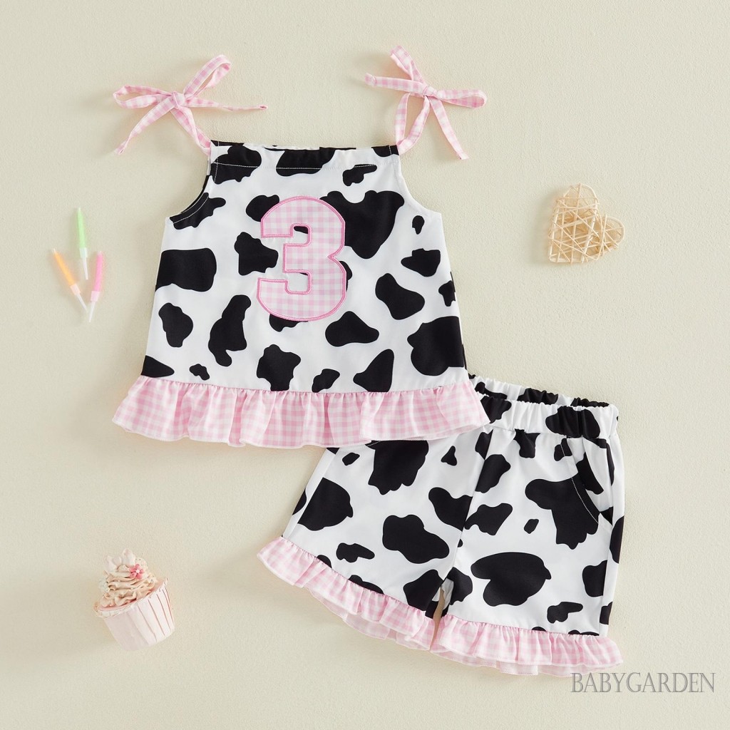 Bộ quần áo sinh nhật 1-5 tuổi cho bé gái | Bộ áo in hình bò phương Tây không tay và quần short lưng co giãn Quà tặng