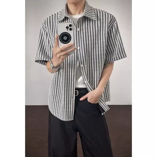 Áo sơ mi nam tay ngắn phong cách Harajuku Nhật Bản, họa tiết xương cá