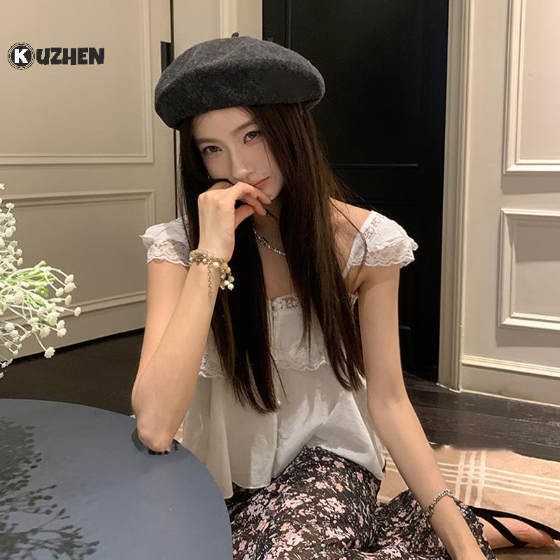 KUZHEN Áo Thun Ren Chắp Vá Camisole Nữ - Phong Cách Hàn Quốc, Thoáng Mát Cho Mùa Hè