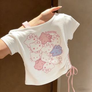 Áo thun Hello Kitty cho bé gái - áo lệch vai cotton phối caro dễ thương phong cách Hàn