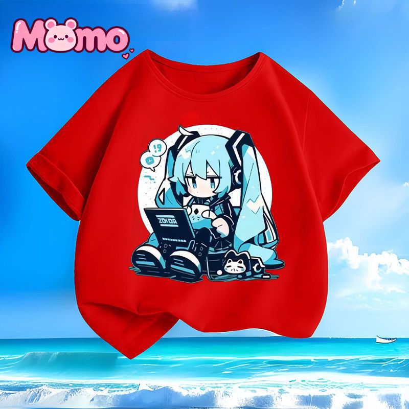 Áo thun trẻ em cổ tròn ngắn tay in hình hoạt hình Hatsune Miku dành cho bé trai và bé gái