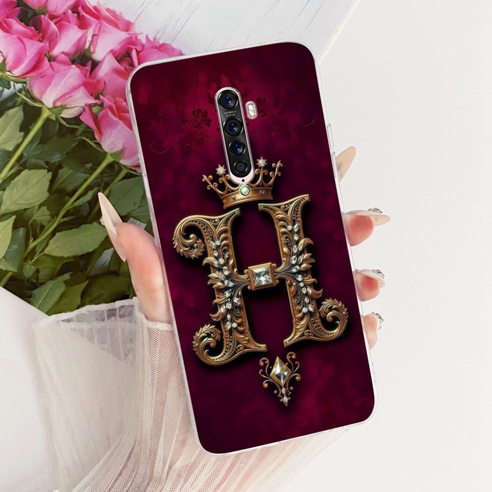 Ốp lưng Oppo Reno2 CPH2577 Trong suốt sang trọng Vương miện A-Z Chữ cái 2D Họa tiết phẳng Vỏ điện thoại mềm Oppo Reno 2