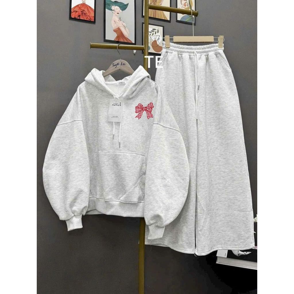 Set thu đông quần ống rộng xám tiêu kết hợp áo hoodie nỉ mũ 2 lớp unisex Hàn trái timm
